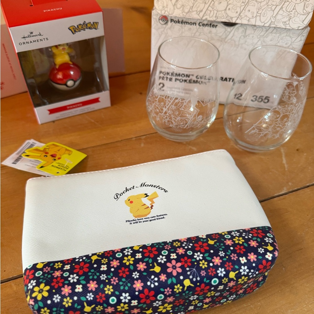 NWT Pokemon Gift Set: Pikachu Floral Pouch, Glasses, Hallmark Ornament